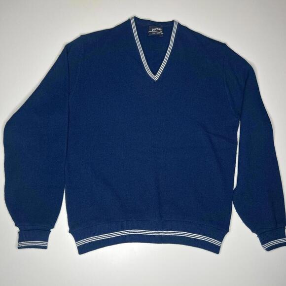 70s Vintage Puritan Sweater Men’s XL Blue Trim V-Neck Made in USA Preppy Knit - Picture 1 of 11